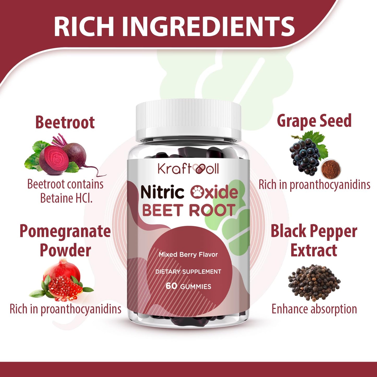 Kraftvoll Nitric Oxide Beet Root Gummies – Sugar-Free Beet Chewables, Mixed Berry Flavor with Grapeseed Powder, Pomegranate, Vitamin C & B12 – Nitric Oxide Supplements for Men – 60 Gummies (2 Bottles) - Maple Wellness Supplements