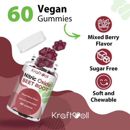 Kraftvoll Nitric Oxide Beet Root Gummies – Sugar-Free Beet Chewables, Mixed Berry Flavor with Grapeseed Powder, Pomegranate, Vitamin C & B12 – Nitric Oxide Supplements for Men – 60 Gummies (2 Bottles) - Maple Wellness Supplements
