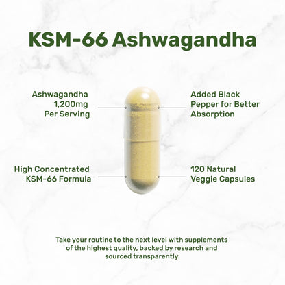 KSM 66 Ashwagandha 1,200mg with Black Pepper, 120 Veggie Capsules – Extra Strength Root Extract – High Absorption – Adaptogenic Supplements for Relaxation, Energy, & Brain Health – Non-GMO - Maple Wellness Supplements