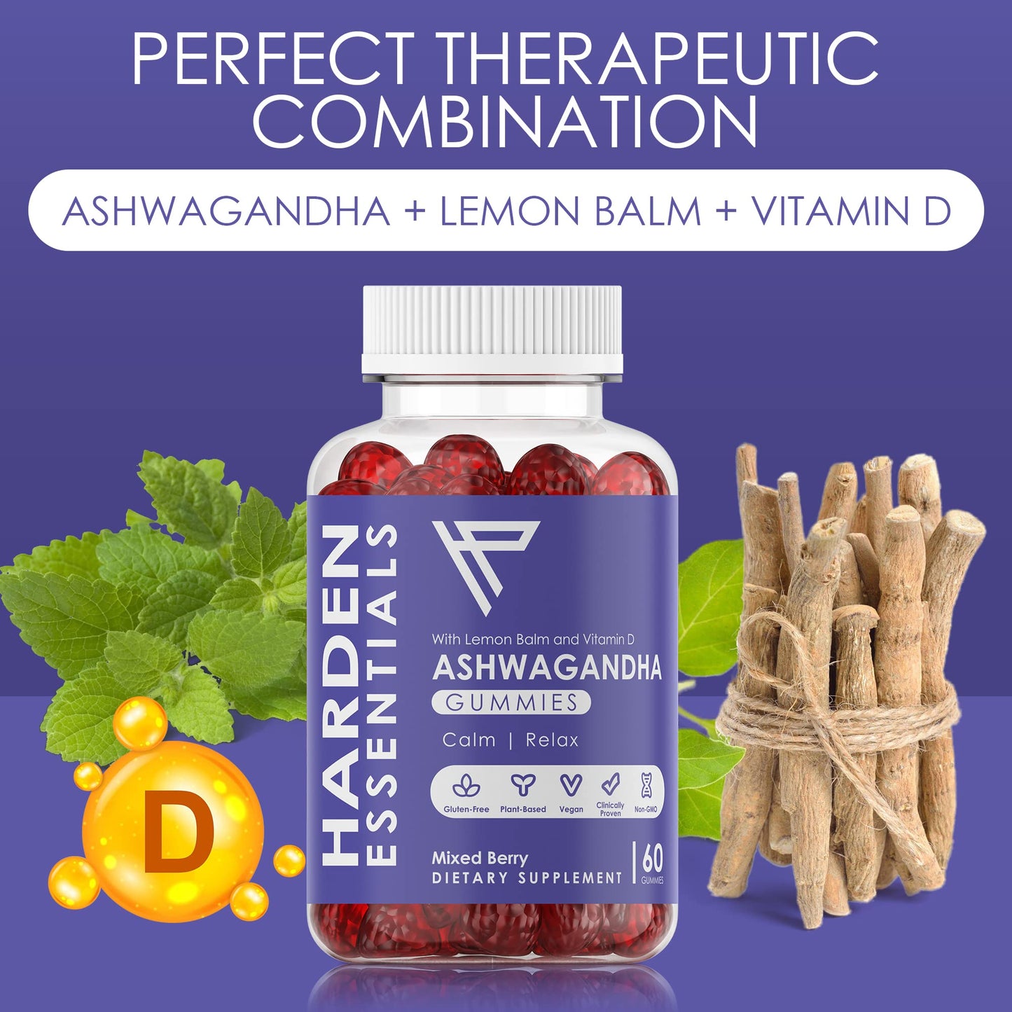 KSM-66 Ashwagandha Gummies 750mg Per Gummy – 1,500mg Per Serving – Stress & Cortisol Support – with Lemon Balm & Vitamin D – 60 Count (30 Day Supply) – Vegan – Harden Essentials - Maple Wellness Supplements