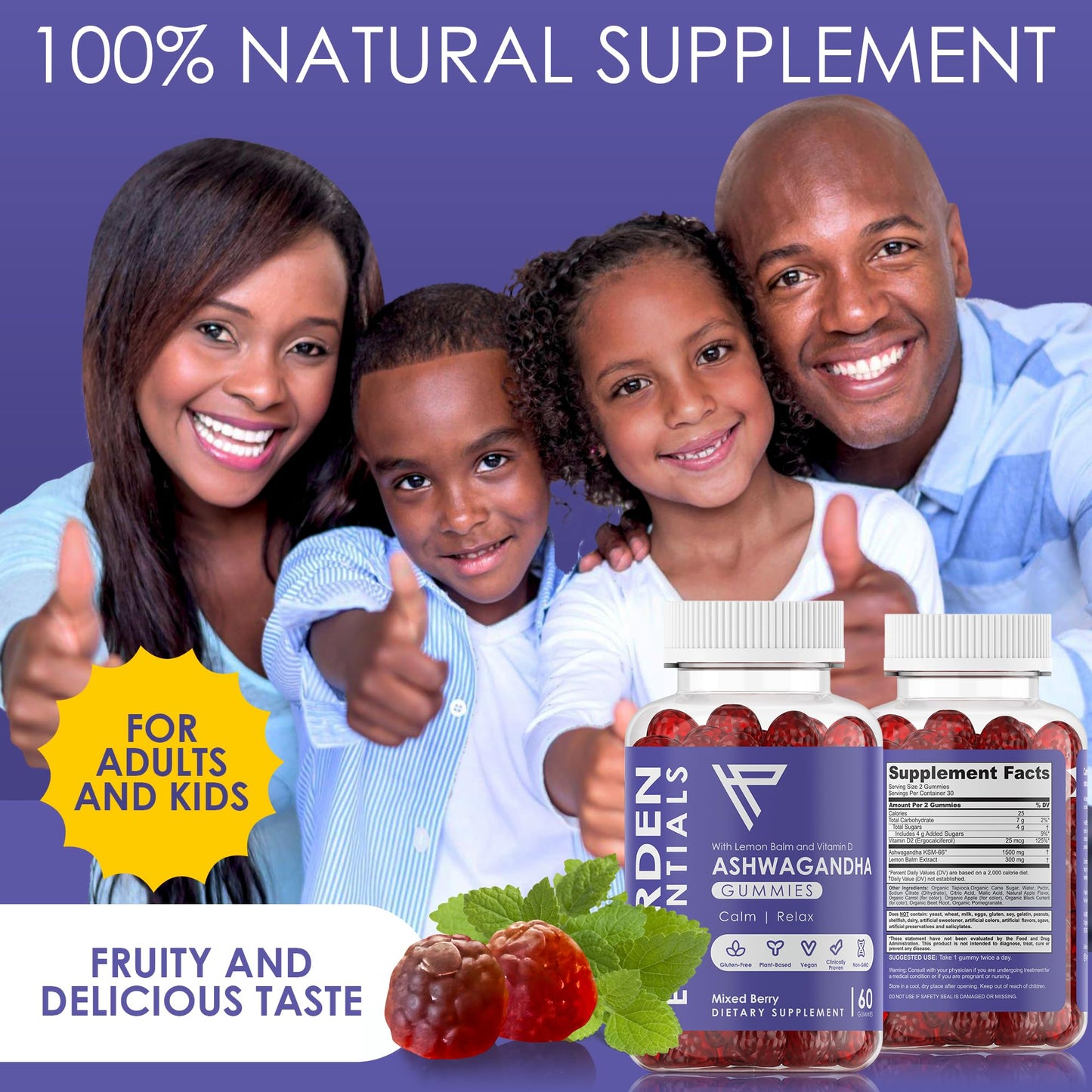 KSM-66 Ashwagandha Gummies 750mg Per Gummy – 1,500mg Per Serving – Stress & Cortisol Support – with Lemon Balm & Vitamin D – 60 Count (30 Day Supply) – Vegan – Harden Essentials - Maple Wellness Supplements