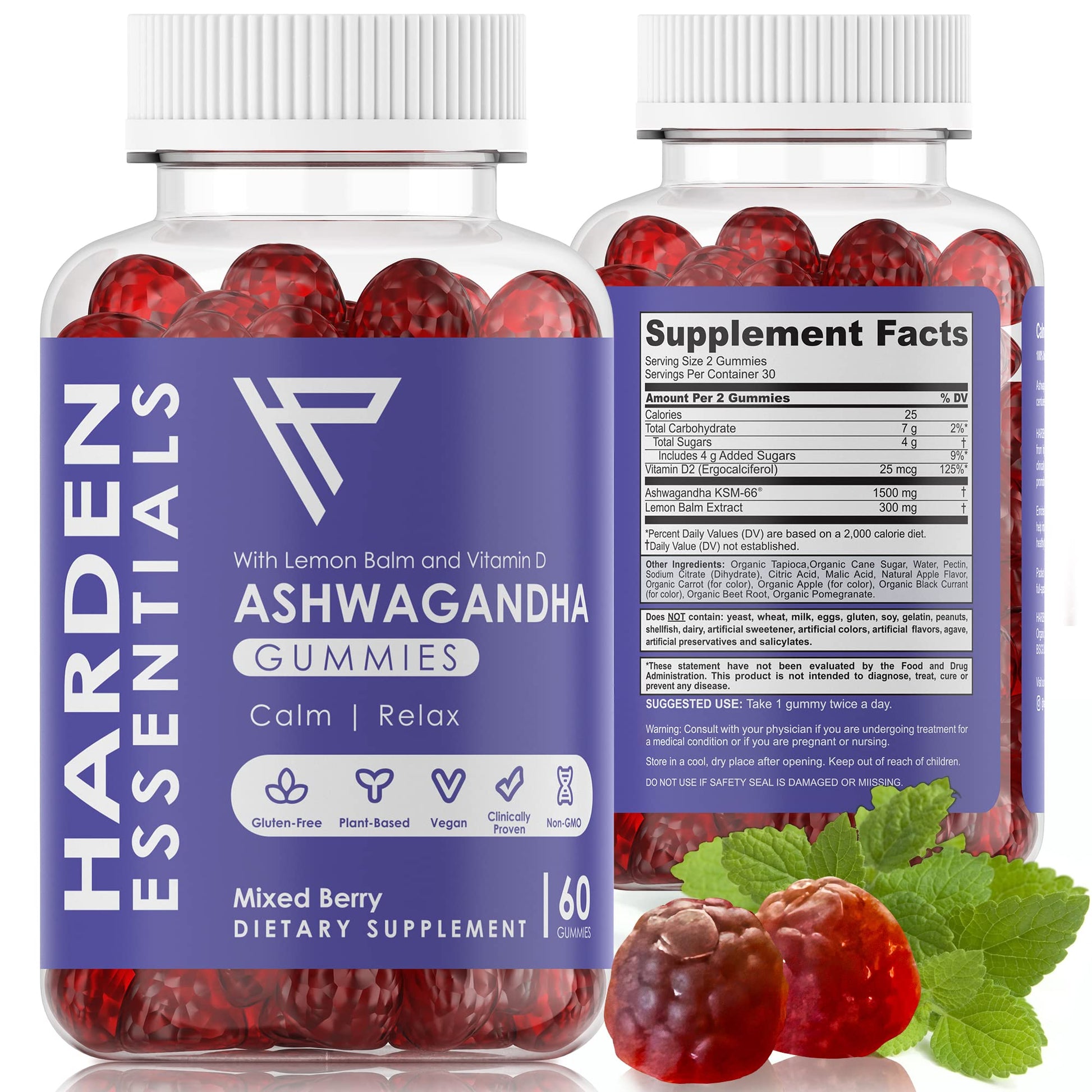 KSM-66 Ashwagandha Gummies 750mg Per Gummy – 1,500mg Per Serving – Stress & Cortisol Support – with Lemon Balm & Vitamin D – 60 Count (30 Day Supply) – Vegan – Harden Essentials - Maple Wellness Supplements