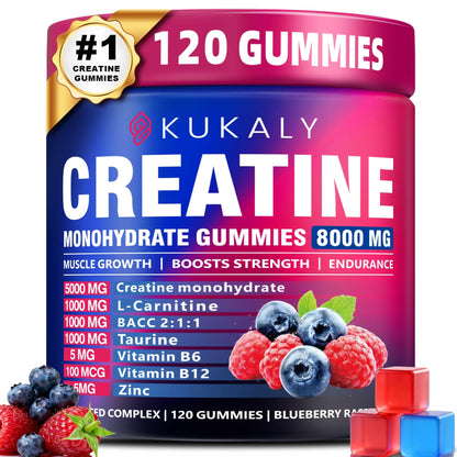 KUKALY Creatine Monohydrate Gummies for Men & Women, 8500MG Creatine Gummies Sugar Free Mixed Flavored with L-Taurine, BCAA 2:1, B12 B6 for Boost Strength - Maple Wellness Supplements