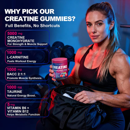KUKALY Creatine Monohydrate Gummies for Men & Women, 8500MG Creatine Gummies Sugar Free Mixed Flavored with L-Taurine, BCAA 2:1, B12 B6 for Boost Strength - Maple Wellness Supplements