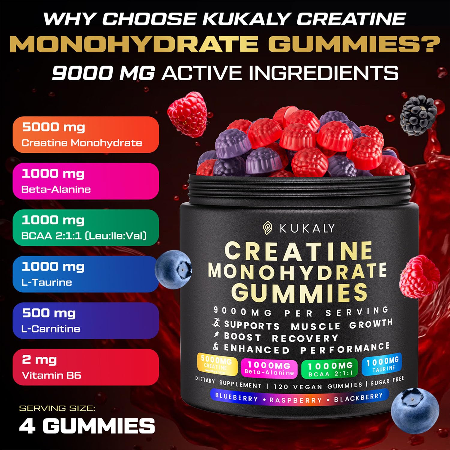 KUKALY Creatine Monohydrate Gummies for Men & Women, 9000MG Creatine Gummies Sugar Free - Mixed Flavored with L-Taurine, BCAA 2:1, B12 B6 for Boost Strength - Maple Wellness Supplements