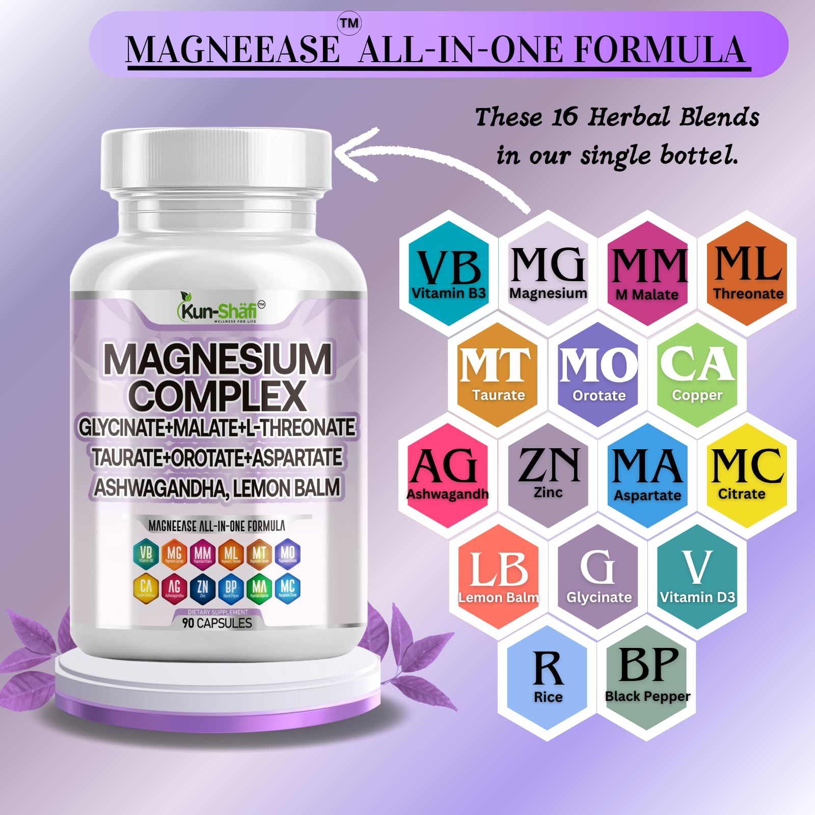 Kun Shafi Magnesium Complex with Magnesium Glycinate Malate, L-Threonate, Taurate, Orotate, Zinc,Aspartate, Copper Manganese & Vitamin D3 B6 Complex - 1Pack - Maple Wellness Supplements