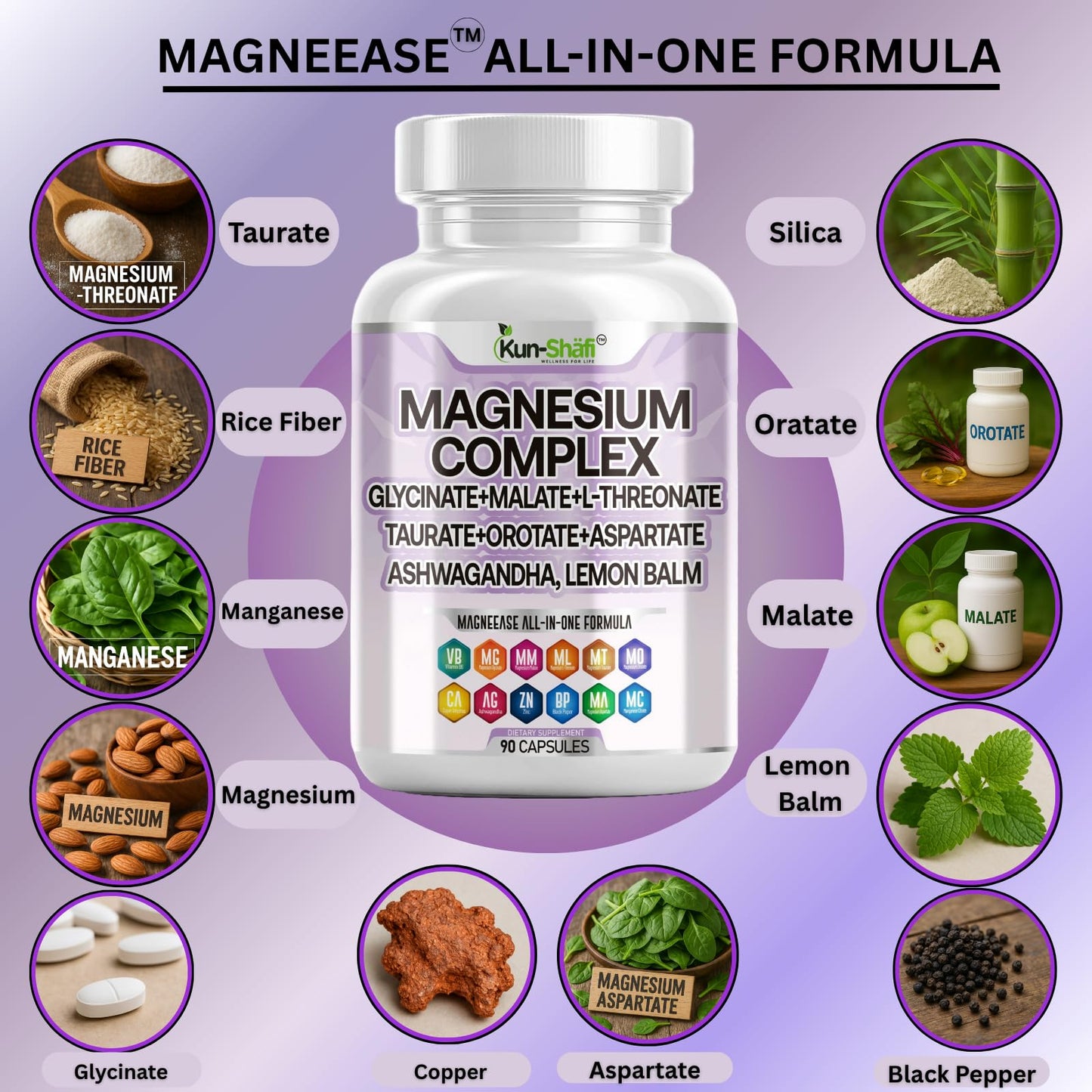 Kun Shafi Magnesium Complex with Magnesium Glycinate Malate, L-Threonate, Taurate, Orotate, Zinc,Aspartate, Copper Manganese & Vitamin D3 B6 Complex - 1Pack - Maple Wellness Supplements