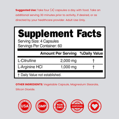 L Arginine L Citrulline Supplement 3000mg (240 Capsules) Nitric Oxide Pills for Men - Stamina, Endurance, Performance for Workouts - NO Supplements for Men - Maple Wellness Supplements