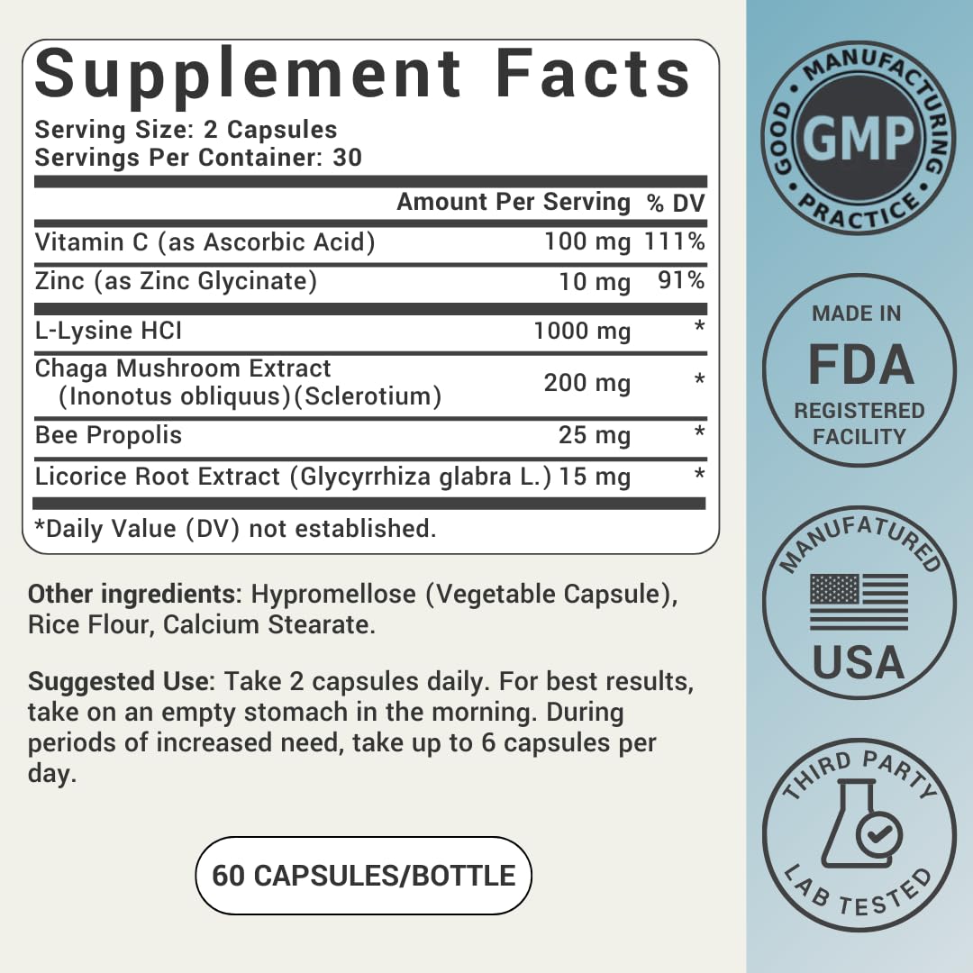 L-Lysine Cold Sore Treatment For Lips With Immune Support - L Lysine 1000mg Capsules, Chaga, Bee Propolis, Vitamin C, Zinc & Licorice Root Extract - Non-GMO, Vegetarian, - Maple Wellness Supplements