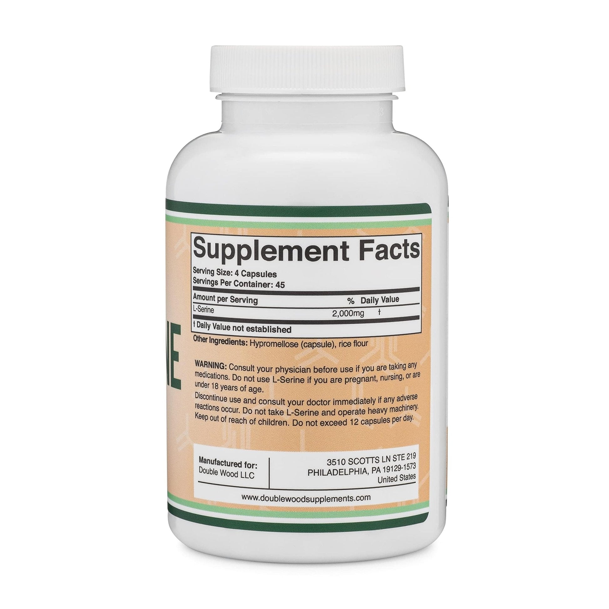 L-Serine Capsules (Third Party Tested) - 2,000mg Servings Used in Clinical Study, 180 Count, 500mg per Capsule (L Serine Amino Acid for Serotonin Production and Brain Support) by Double Wood - Maple Wellness Supplements
