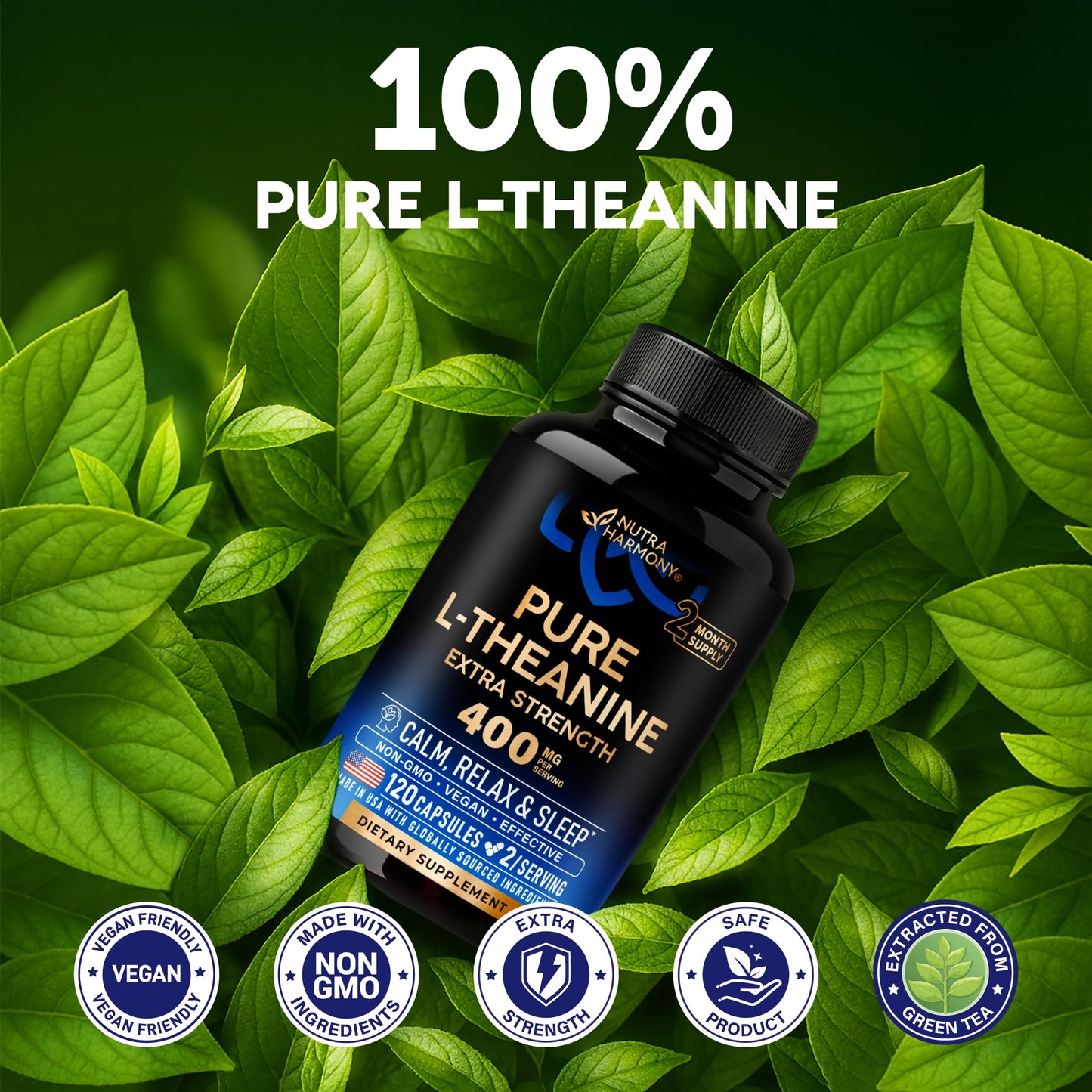 L Theanine 400 mg | L-Theanine Stress Relief | Extra Strength Supplement | Made in USA | Relaxation, Sleep & Calm Support | For Men & Women | Plant Based - Maple Wellness Supplements
