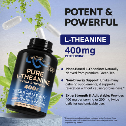L Theanine 400 mg | L-Theanine Stress Relief | Extra Strength Supplement | Made in USA | Relaxation, Sleep & Calm Support | For Men & Women | Plant Based - Maple Wellness Supplements