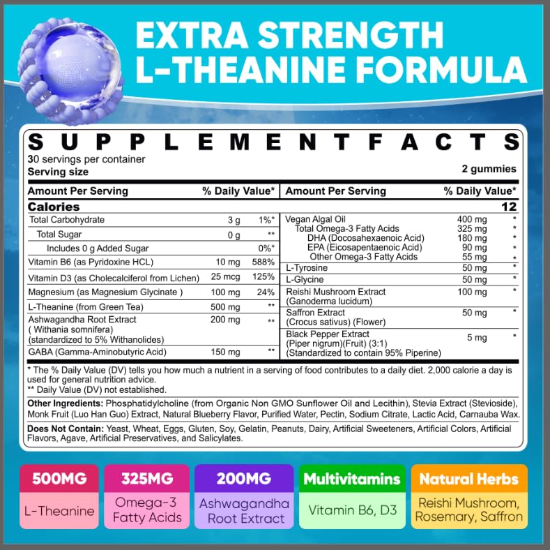 L Theanine Calm Gummies 500mg, Sugar-Free Liposomal L-Theanine Supplement, w/Safforn, Magnesium Glycinate, GABA, Ashwagandha, Algae Omega-3, Vitamin D3 B12 - Maple Wellness Supplements