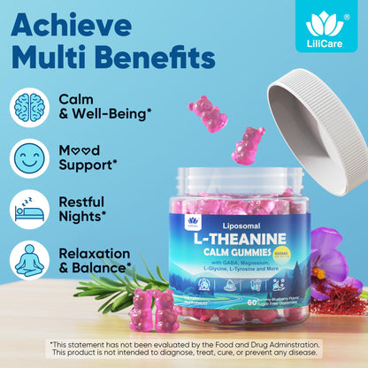 L Theanine Calm Gummies 500mg, Sugar-Free Liposomal L-Theanine Supplement, w/Safforn, Magnesium Glycinate, GABA, Ashwagandha, Algae Omega-3, Vitamin D3 B12 - Maple Wellness Supplements