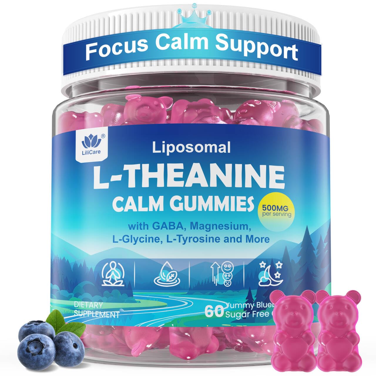 L Theanine Calm Gummies 500mg, Sugar-Free Liposomal L-Theanine Supplement, w/Safforn, Magnesium Glycinate, GABA, Ashwagandha, Algae Omega-3, Vitamin D3 B12 - Maple Wellness Supplements