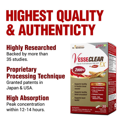 LABO Nutrition VesseCLEAR EX: Nattokinase NSK-SD+Elastin F for Clean & Flexible Blood Vessel. Japan's Most Research Proven, Functional Dose, Acid-Resistant/Delayed Release Capsules - Maple Wellness Supplements
