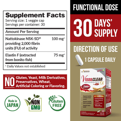 LABO Nutrition VesseCLEAR EX: Nattokinase NSK-SD+Elastin F for Clean & Flexible Blood Vessel. Japan's Most Research Proven, Functional Dose, Acid-Resistant/Delayed Release Capsules - Maple Wellness Supplements
