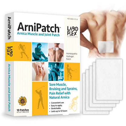 LABOFLEX Arnipatch Natural Arnica Pain Relief Hydrogel Patches – Long Lasting Relief for Muscle Soreness, Swelling, Inflammation, Stiffness & Injury on Back, Knee & Neck (Box, 10, Count) - Maple Wellness Supplements
