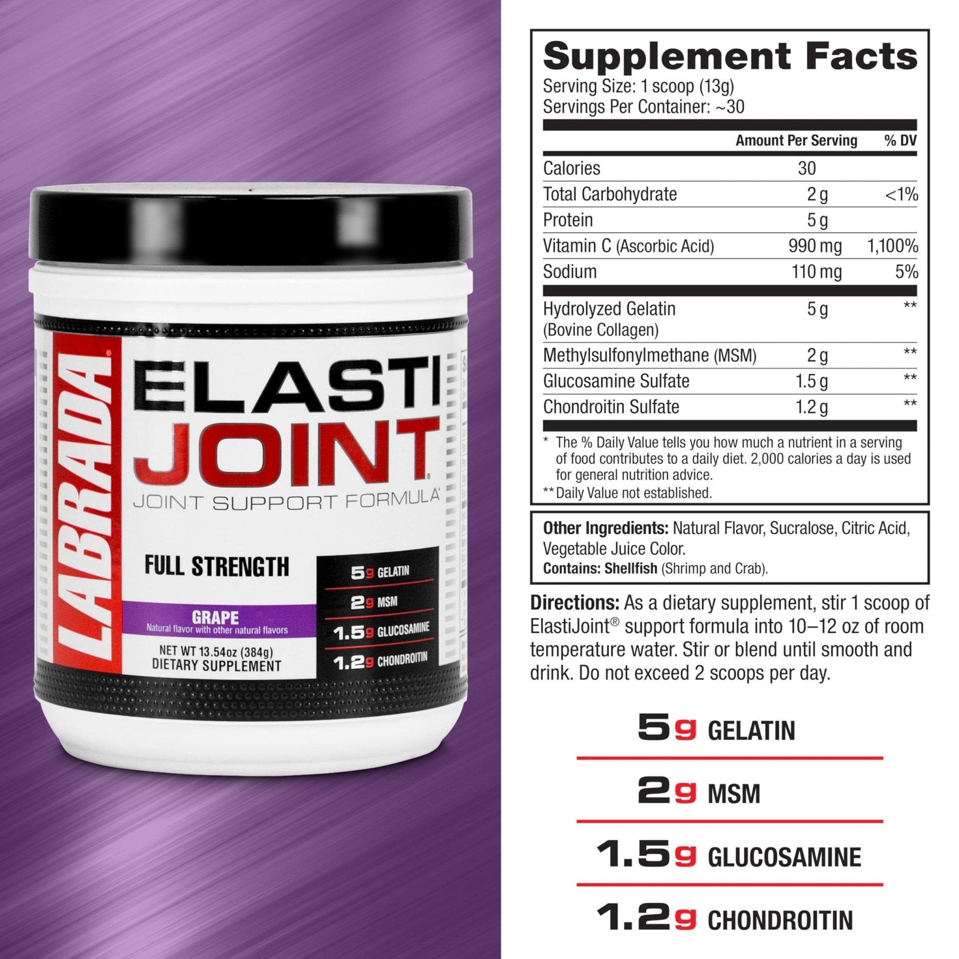 Labrada Nutrition Elastijoint, Grape - Glucosamine Joint Support Supplement Powder for Men & Women, Joint Relief & Bone Health Supplement with MSM, Glucosamine Chondroitin MSM - Gluten-Free - Maple Wellness Supplements