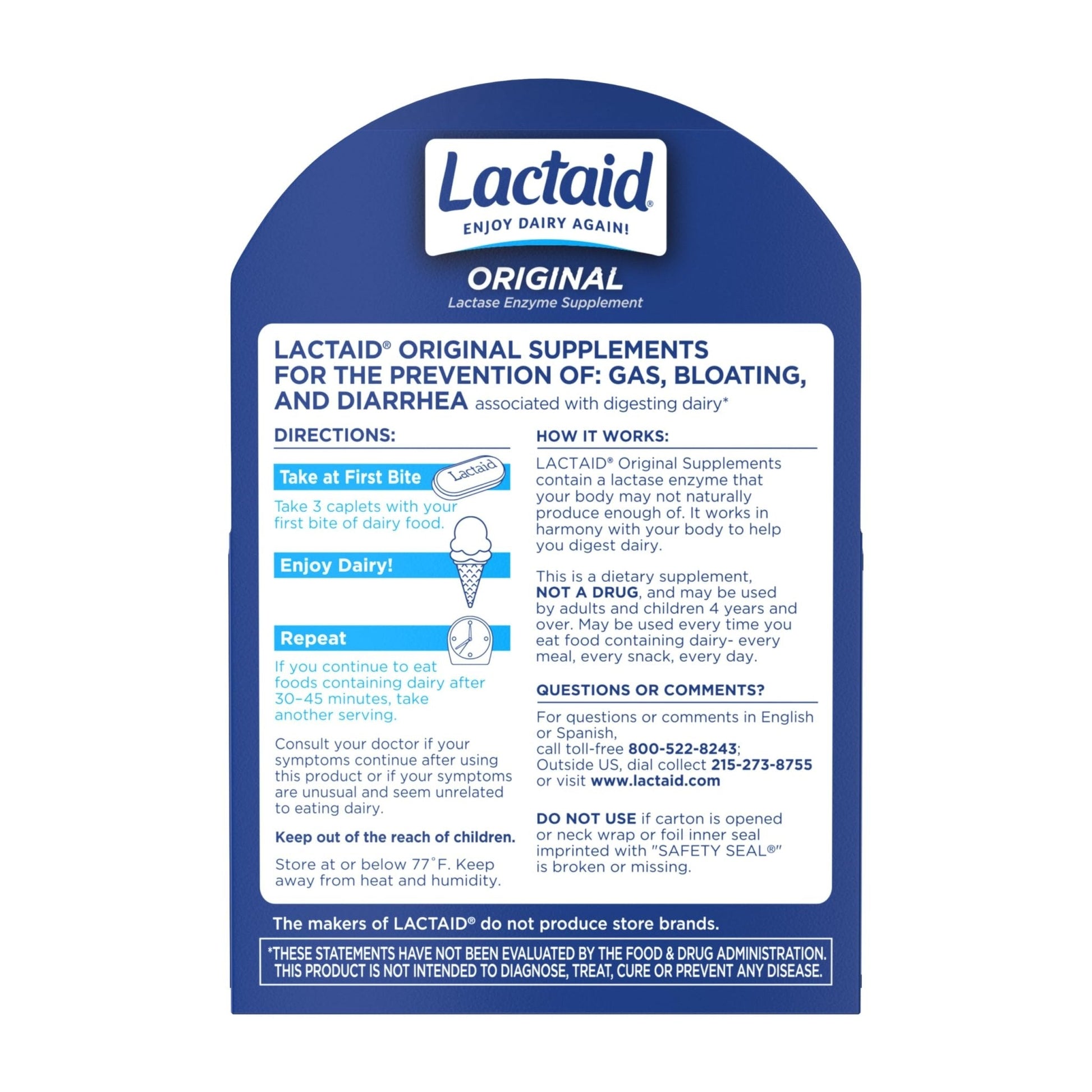 Lactaid Original Strength Lactose Intolerance Pills, 9000 FCC Natural Lactase Enzyme Dairy Relief Caplets, Helps Prevent Gas, Bloating & Diarrhea Due to Lactose Sensitivity in Adults & Kids, 120 Count - Maple Wellness Supplements
