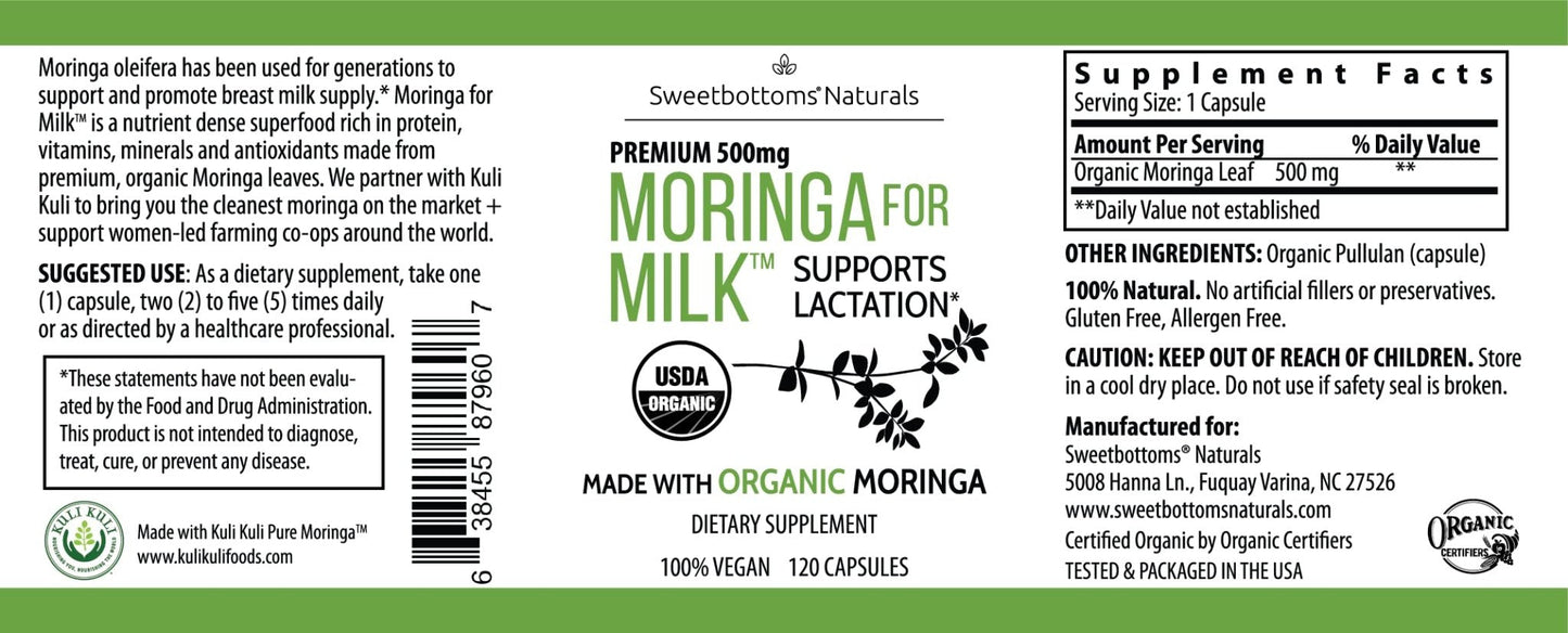 Lactation Supplement - Organic Moringa Capsules for Breastfeeding Support to Increase Breastmilk Supply (120 ct) Pure Malunggay Leaf Powder for Milk Production Booster - Maple Wellness Supplements