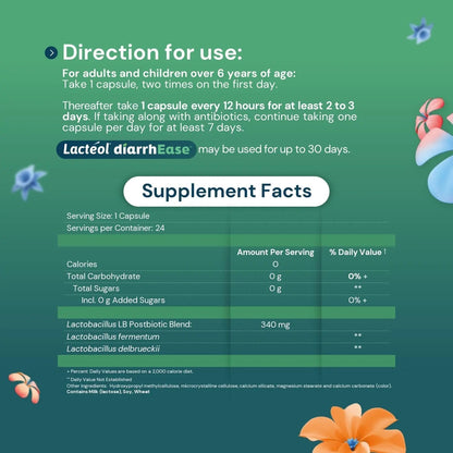 Lactéol diarrhEase- a Safe, Drug Free and clinically Tested postbiotic Strain That Helps soothes Occasional Digestive Upset and Shortens The Duration of Occasional Diarrhea, 24 Count - Maple Wellness Supplements