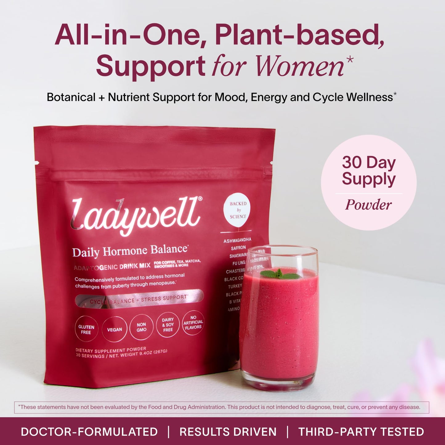 Ladywell Daily Hormone Balance Powder | Natural Cycle Support for Women | Supports Mood, Bloating, Cramps, Skin Health & Cravings with Chasteberry, B Vitamins, Ashwagandha, Saffron + | 30 Servings - Maple Wellness Supplements