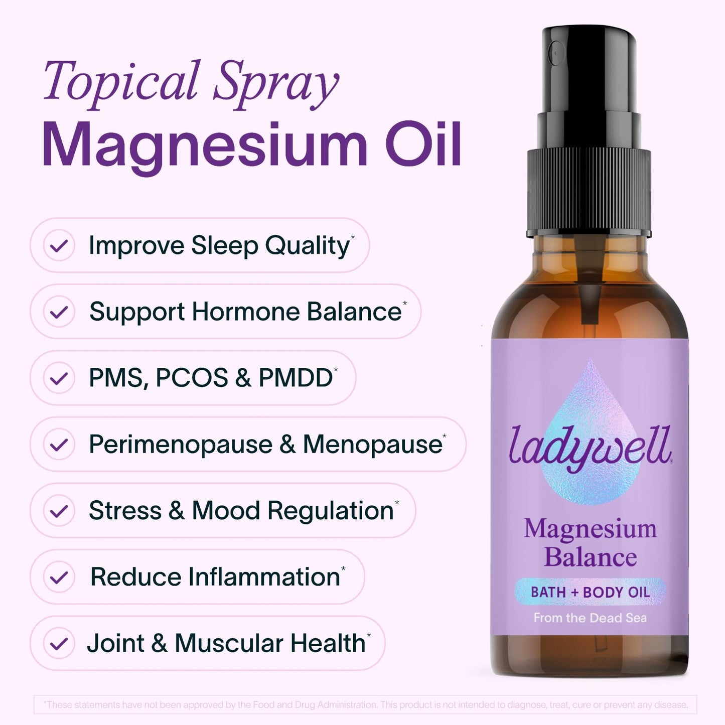 Ladywell Topical Magnesium Oil Spray | Mood, Cycle & Stress Support | PMS, PCOS, Fertility, Menopause, Hormone Balance, Cramps | Pure Magnesium Chloride, Science-Backed | Rapid Skin Absorption - Maple Wellness Supplements