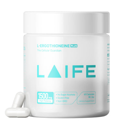LAIFE L-Ergothioneine PLUS Supplement, Cellular Antioxidant Supplement for Energy, Skin, Vitality & Whole-Body Wellness with L-Ergothioneine, NR, Quercetin, Curcumin & Magnesium Glycinate, 60 Capsules - Maple Wellness Supplements