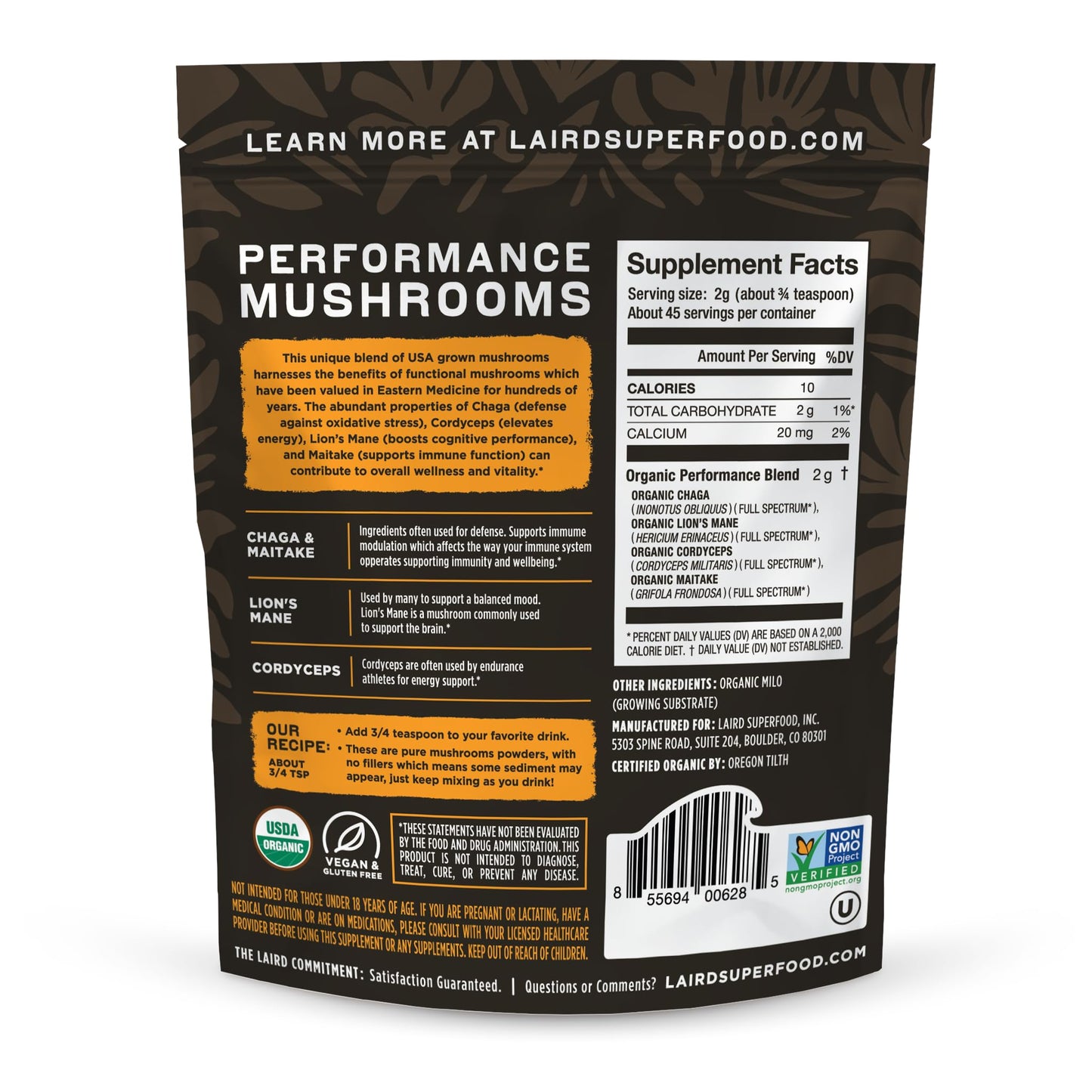 Laird Superfood Organic Performance Mushroom Blend with Chaga, Cordyceps, Lion's Mane and Maitake for Energy - Maple Wellness Supplements