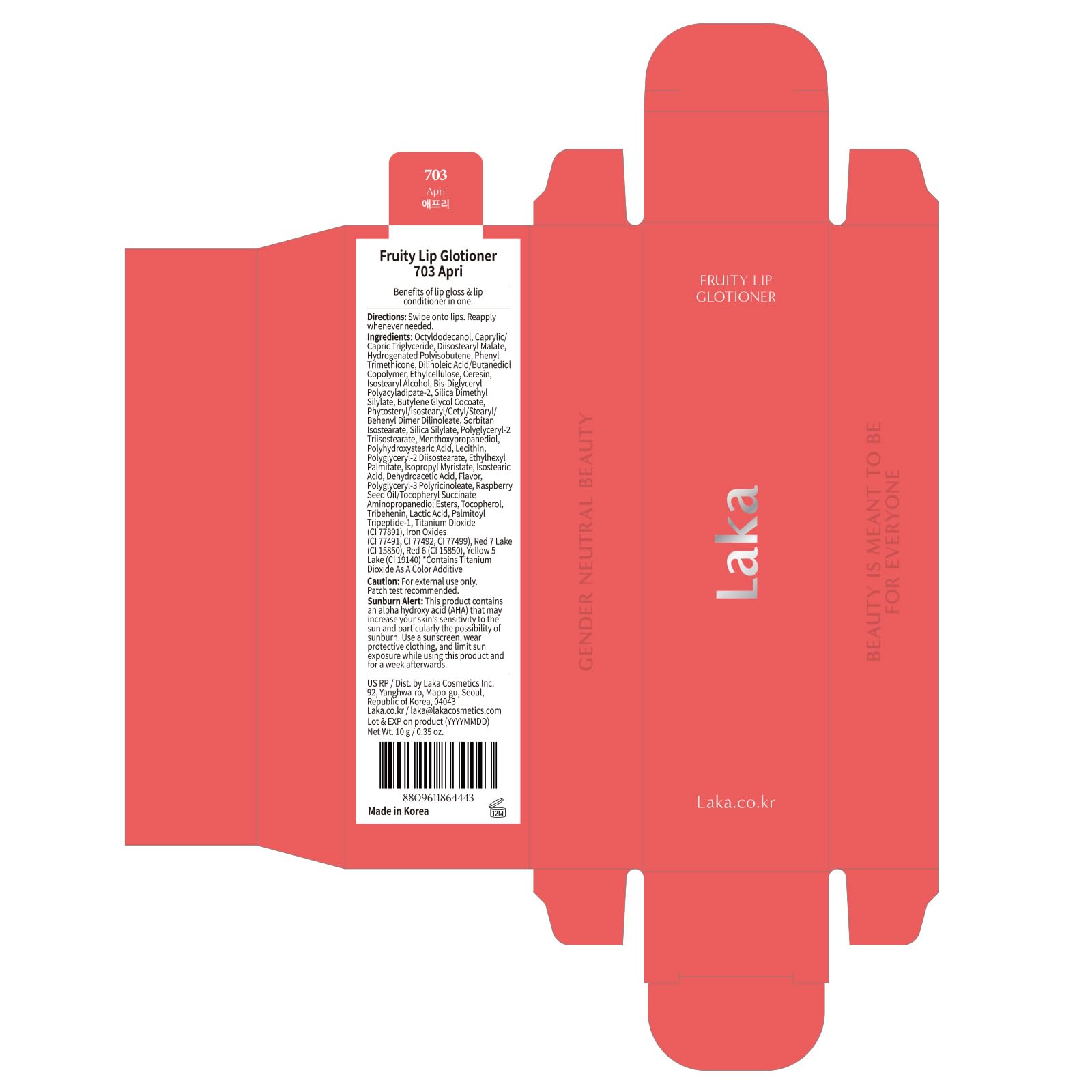 Laka Fruity Lip Glotioner, 10ml/0.33 fl.oz, Lip Gloss with High Shine Vivid Colors, Jelly tip for Hygienic & Easy Application, K-Beauty (703 Apri) - Maple Wellness Supplements