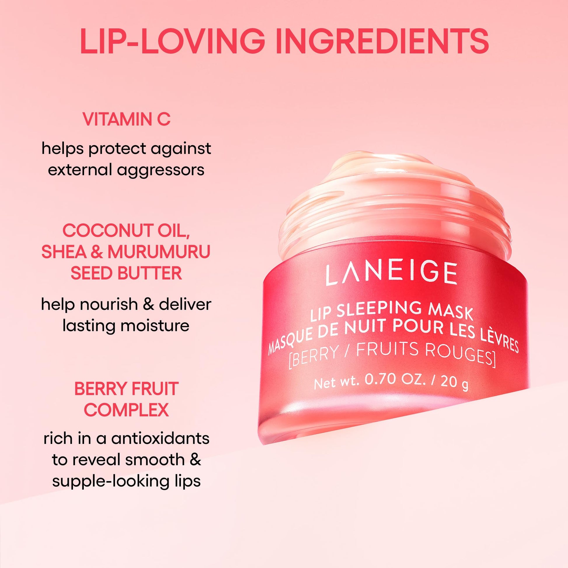 LANEIGE Lip Sleeping Mask, Berry: Nourishing Overnight Lip Treatment with Vitamin C, Shea & Murumuru Butter - Maple Wellness Supplements