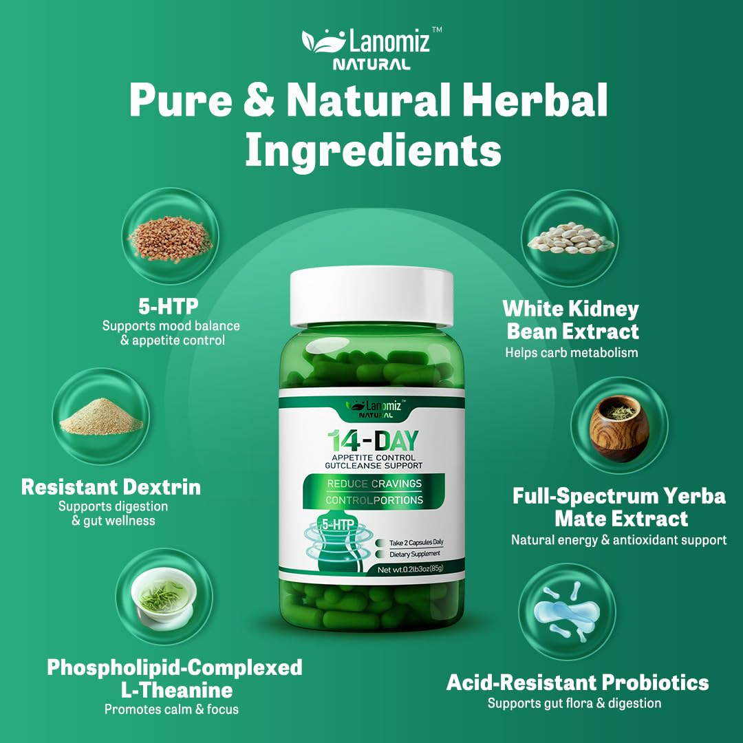 Lanomiz 14DAY Appetite & Craving Control Gut Health Complex Featuring Delayed-Release Probiotics & White Kidney Bean Extract 5-HTP - Maple Wellness Supplements