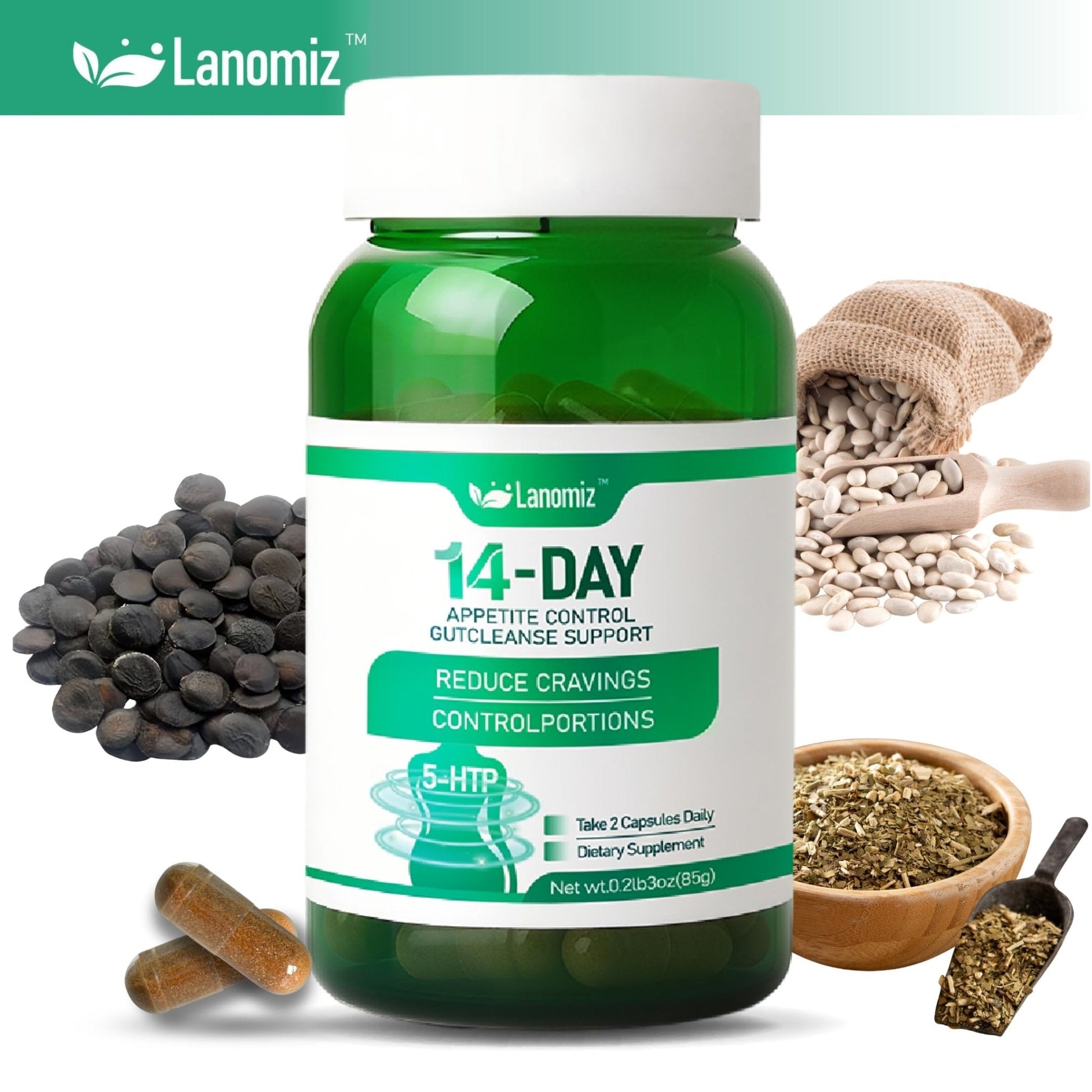 Lanomiz 14DAY Appetite & Craving Control Gut Health Complex Featuring Delayed-Release Probiotics & White Kidney Bean Extract 5-HTP - Maple Wellness Supplements