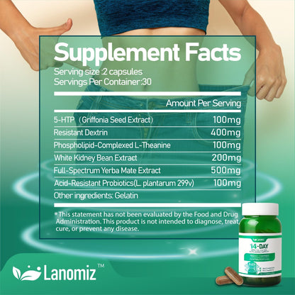 Lanomiz 14DAY Appetite & Craving Control Gut Health Complex Featuring Delayed-Release Probiotics & White Kidney Bean Extract 5-HTP - Maple Wellness Supplements
