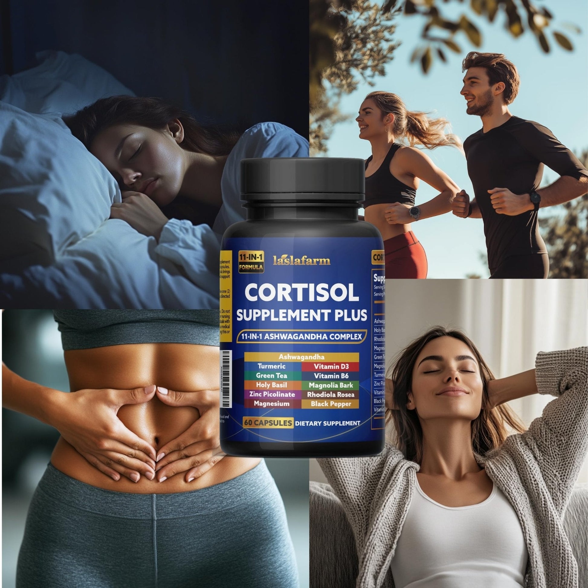 laslafarm 11in1 Cortisol Plus Supplement, 11in1 Ashwagandha and Natural Herbal Complex Vitamin Blend for Daily Mood, Focus and Sleep, Suitable for Women and Men 60 Capsules - Maple Wellness Supplements