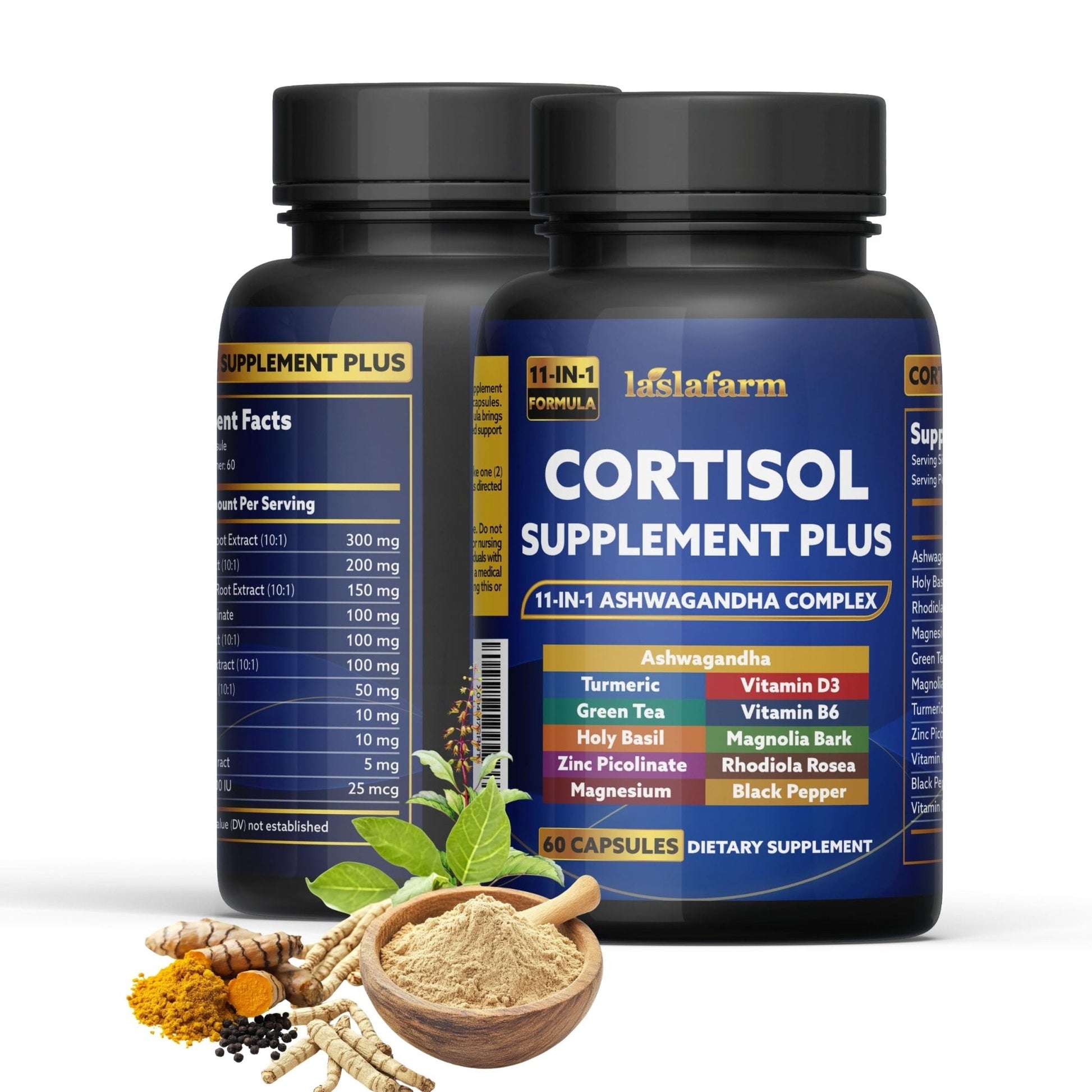 laslafarm 11in1 Cortisol Plus Supplement, 11in1 Ashwagandha and Natural Herbal Complex Vitamin Blend for Daily Mood, Focus and Sleep, Suitable for Women and Men 60 Capsules - Maple Wellness Supplements