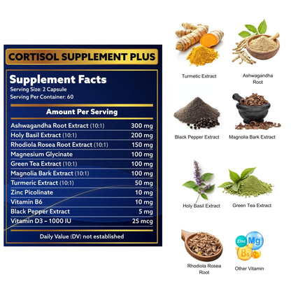 laslafarm 11in1 Cortisol Plus Supplement, 11in1 Ashwagandha and Natural Herbal Complex Vitamin Blend for Daily Mood, Focus and Sleep, Suitable for Women and Men 60 Capsules - Maple Wellness Supplements
