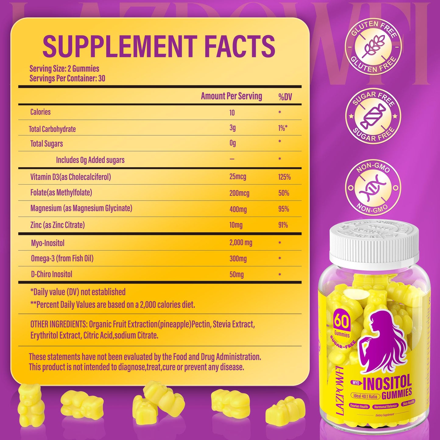Lazpowfi Myo-Inositol & D-Chiro Inositol,Inositol Gummies with Vitamin D3, Magnesium Glycinate, Omega-3, Folate & Zinc, Inositol Supplement Menstrual Cycle for Women-40:1 Ratio-30 Day Supply - Maple Wellness Supplements