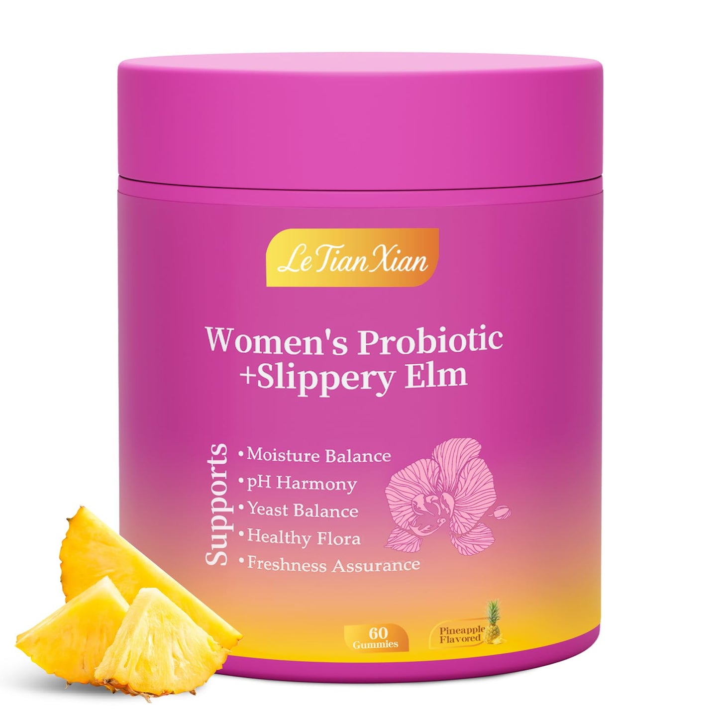 Le Tian Xian Her Juicy Feminine Probiotics Gummies for Women with Slippery Elm, Prebiotics & Lactobacillus - for pH Balance & Digestive Health, Tropical Pineapple Flavor, 60 Count - Maple Wellness Supplements