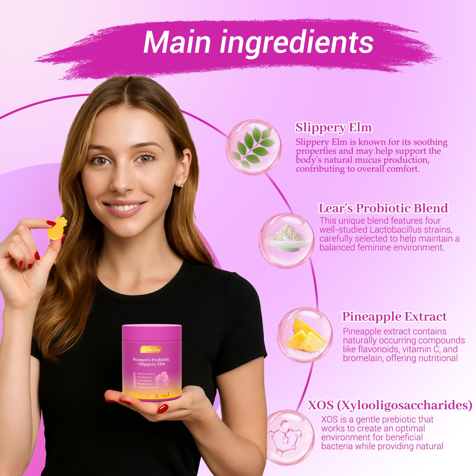 Le Tian Xian Her Juicy Feminine Probiotics Gummies for Women with Slippery Elm, Prebiotics & Lactobacillus - for pH Balance & Digestive Health, Tropical Pineapple Flavor, 60 Count - Maple Wellness Supplements
