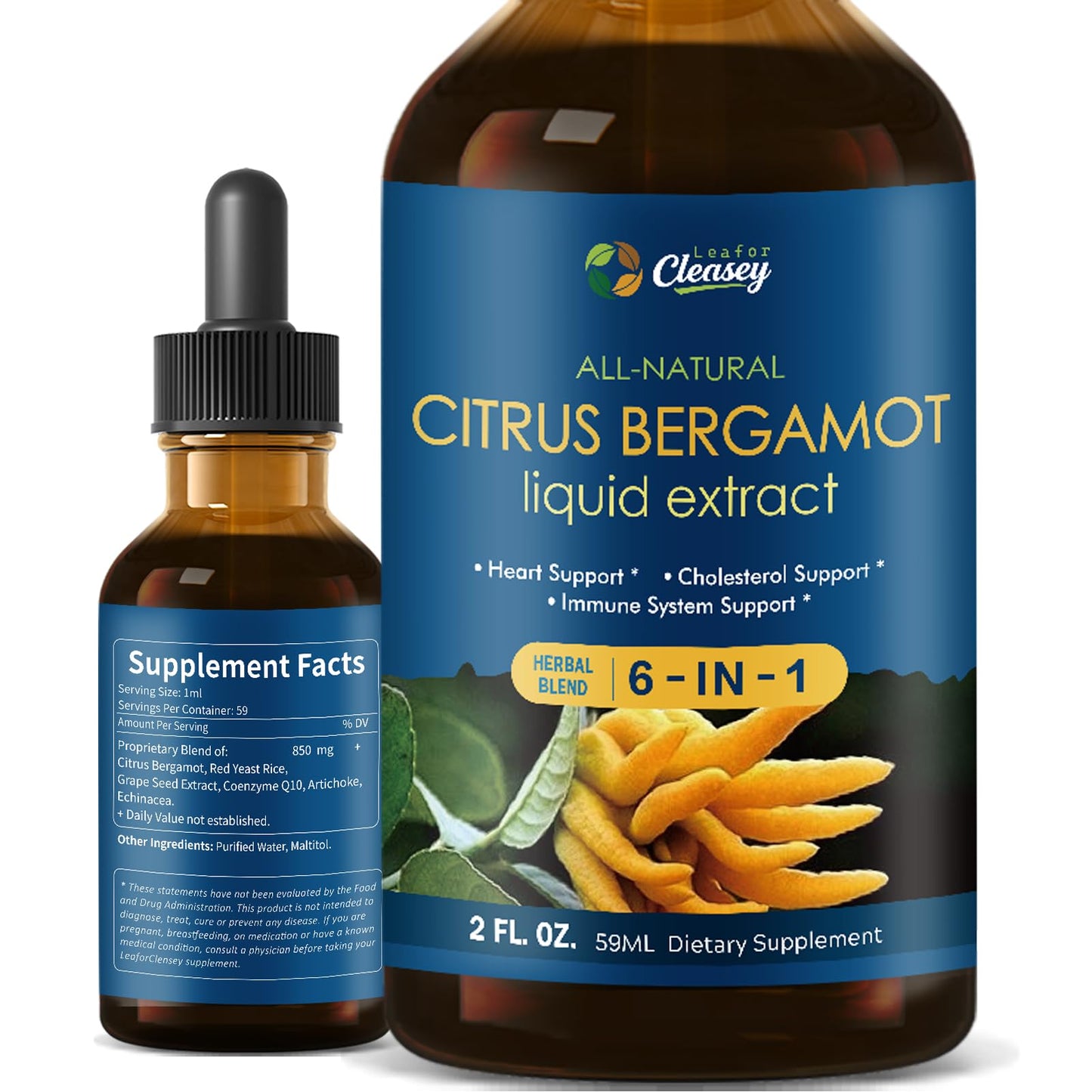 LeaforClensey Citrus Bergamot Liquid Drops for High Cholesterol, Bergamot Extract Blend Supplements with Red Yeast Rice & CoQ10 for Heart - Maple Wellness Supplements