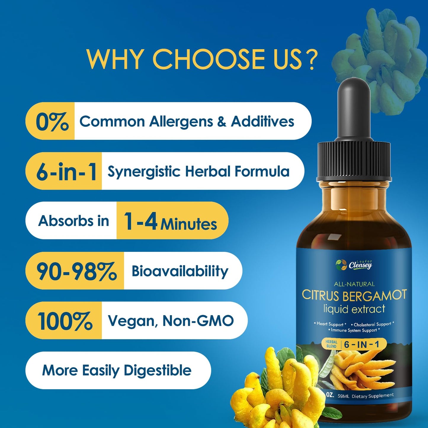 LeaforClensey Citrus Bergamot Liquid Drops for High Cholesterol, Bergamot Extract Blend Supplements with Red Yeast Rice & CoQ10 for Heart - Maple Wellness Supplements