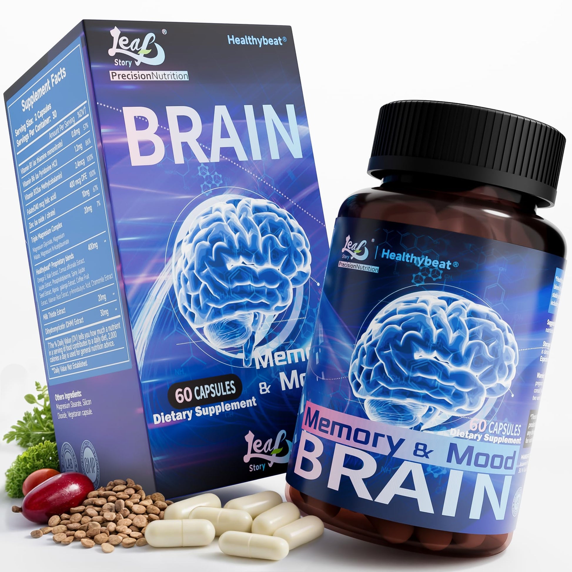 LeafStory Nootropic Brain Supplements for Memory and Focus, Cognitive Function for Mental Health & Clarity, Vitamin B6 B12, Folate & Dihydromyricetin, 60 Capsules - Maple Wellness Supplements