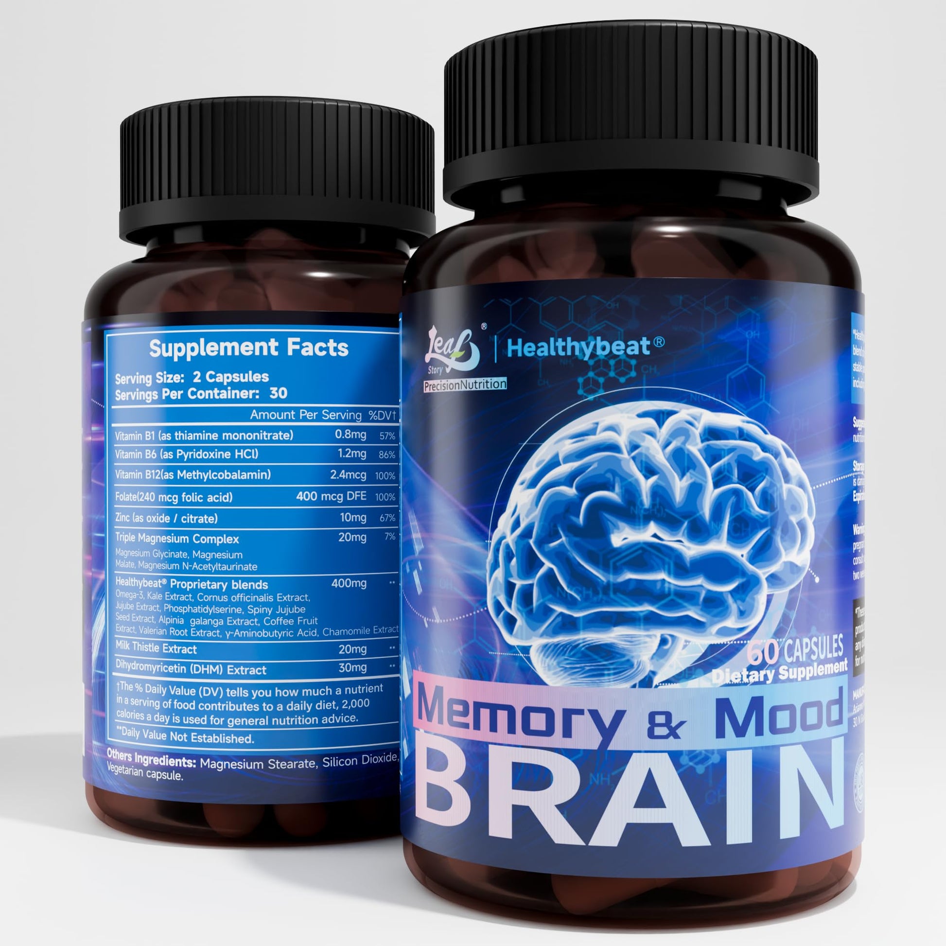 LeafStory Nootropic Brain Supplements for Memory and Focus, Cognitive Function for Mental Health & Clarity, Vitamin B6 B12, Folate & Dihydromyricetin, 60 Capsules - Maple Wellness Supplements