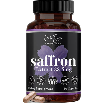 Leah Rose Essentials Saffron Supplement 88.5mg | Mood, Focus, and Stress Support | 60 Premium Saffron Extract Capsules | Made in the USA | 3rd Party Lab Tested | Non-GMO, Vegan, Gluten-Free - Maple Wellness Supplements