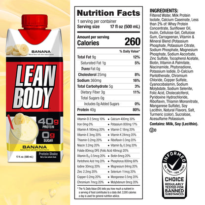 Lean Body Ready-to-Drink Banana Protein Shake, 40g Protein, Whey Blend, 0 Sugar - Maple Wellness Supplements
