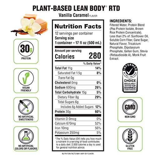 Lean Body Ready-to-Drink, Plant-Based Vegan Vanilla Caramel Protein Shake, 30g Protein - Maple Wellness Supplements
