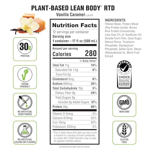 Lean Body Ready-to-Drink, Plant-Based Vegan Vanilla Caramel Protein Shake, 30g Protein - Maple Wellness Supplements