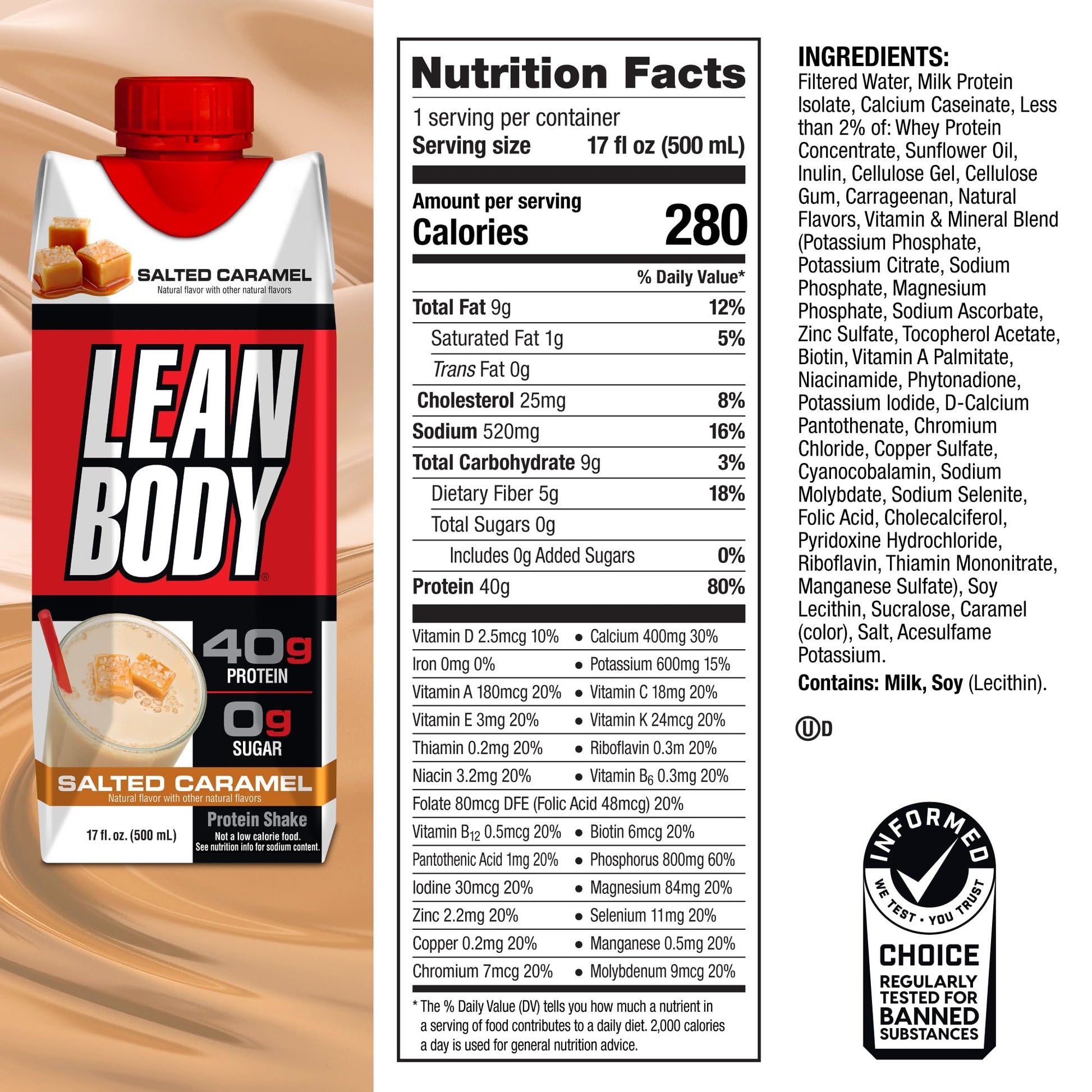 Lean Body Ready-to-Drink Salted Caramel Protein Shake, 40g Protein, Whey Blend - Maple Wellness Supplements